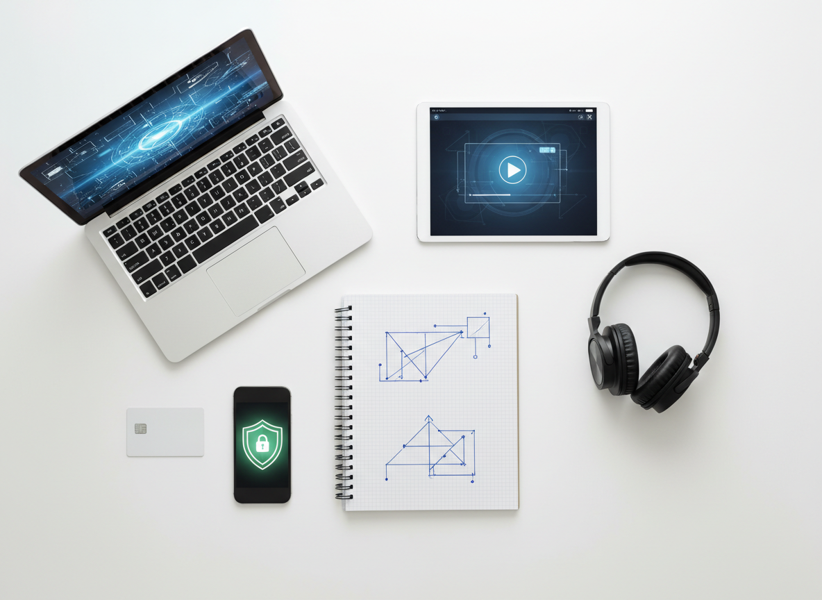 A clean, photographic flat-lay composition of online learning essentials arranged on a white desk: a slim laptop partially open, a tablet showing a stylized video lesson interface, noise-cancelling headphones, a spiral notebook with geometric diagrams, and a credit card next to a smartphone with a prominent shield icon indicating secure payment, all without readable text. Soft, diffused daylight from above eliminates harsh shadows, creating a bright, balanced appearance. Every object is carefully spaced to suggest order and clarity. The mood is organized, professional, and reassuring, perfectly suited to communicate practical training, easy access, and 100% secure payments for online courses in a modern, minimalist aesthetic.