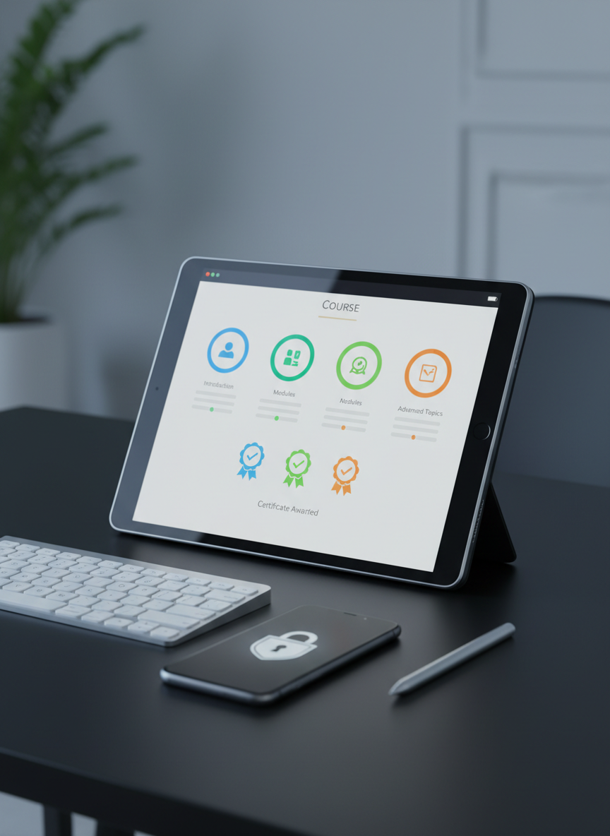 A close-up, photographic realistic view of a tablet on a matte black desk, displaying a structured course interface with icon-based lessons, progress indicators, and certificate symbols, all stylized without legible text. Around the tablet lie a neatly arranged wireless keyboard, a digital stylus, and a slim smartphone showing a secure payment lock icon on its screen. Cool, even LED lighting from above casts soft shadows and subtle highlights on the smooth surfaces, emphasizing a high-tech, trustworthy environment. The composition uses the rule of thirds, with the tablet slightly off-center and a shallow depth of field blurring the minimalist office background. The atmosphere is efficient, modern, and secure, ideal for a professional online education platform with 100% safe payments.