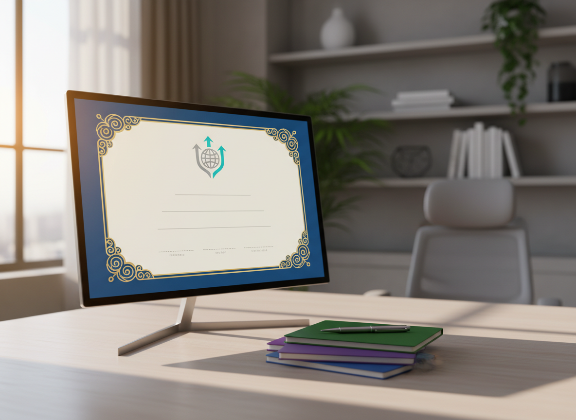 An elegant close-up of a digital certificate of completion displayed on a thin, frameless monitor in a modern office setting. The certificate layout is clearly defined with decorative borders, emblem shapes, and placeholder lines, but no readable names or text. In front of the monitor lies a neatly stacked set of color-coded notebooks and a sleek metal pen, suggesting ongoing professional development. Soft afternoon light enters from the left, creating gentle highlights on the monitor’s edge and subtle shadows on the textured desk surface. Photographic realism, eye-level composition, and a shallow depth of field keep the certificate in sharp focus while the background fades into a tasteful blur. The mood is aspirational and professional, emphasizing achievement through online learning.