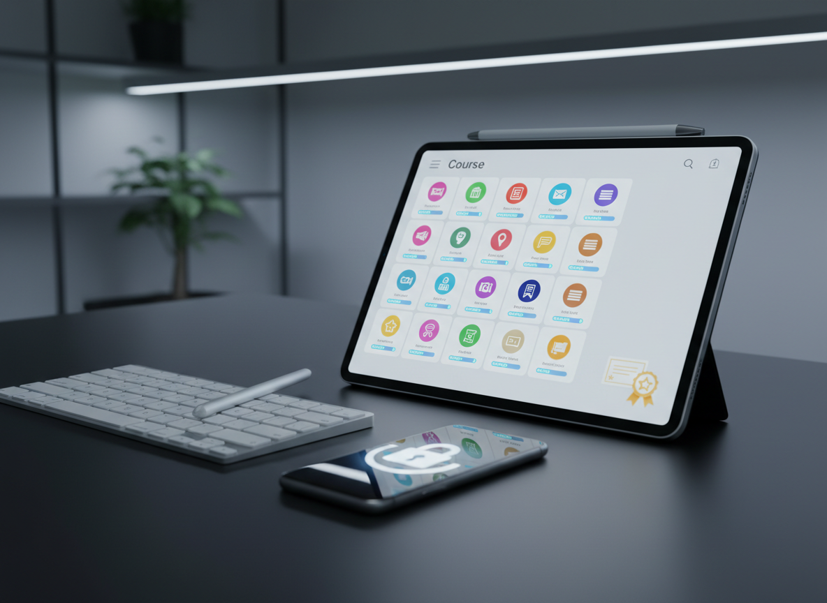 A close-up, photographic realistic view of a tablet on a matte black desk, displaying a structured course interface with icon-based lessons, progress indicators, and certificate symbols, all stylized without legible text. Around the tablet lie a neatly arranged wireless keyboard, a digital stylus, and a slim smartphone showing a secure payment lock icon on its screen. Cool, even LED lighting from above casts soft shadows and subtle highlights on the smooth surfaces, emphasizing a high-tech, trustworthy environment. The composition uses the rule of thirds, with the tablet slightly off-center and a shallow depth of field blurring the minimalist office background. The atmosphere is efficient, modern, and secure, ideal for a professional online education platform with 100% safe payments.