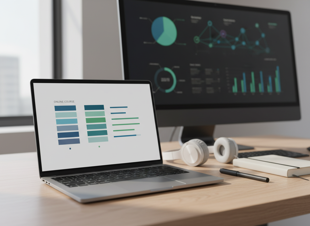 A sleek, modern home workspace centered around an open laptop displaying a clean online course dashboard with structured modules and progress bars, all rendered as abstract shapes with no readable text. The laptop rests on a light wood desk beside a closed notebook, a pen, and minimalist over-ear headphones. In the background, a large monitor shows blurred graphs and diagrams, suggesting professional upskilling. Soft daylight from a nearby window illuminates the scene, creating gentle reflections on the laptop’s metallic surface. Shot at eye level in photographic realism, with a shallow depth of field that keeps the desktop in crisp focus and the background subtly blurred. The overall mood is professional, calm, and focused, conveying high-quality, accessible online learning.